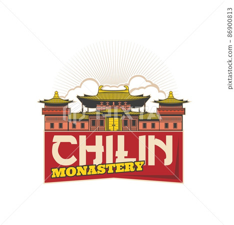 Chi Lin monastery, Hong Kong travel icon with vector buildings of Buddhist temple, Chinese travel landmark. Asian pagodas of Chi Lin nunnery and Maitreya Hall with clouds and sun rays isolated symbol 86900813