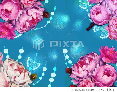 玫瑰、牡丹、牡丹植物花束和珍珠母圖案的壁紙插圖 86901103