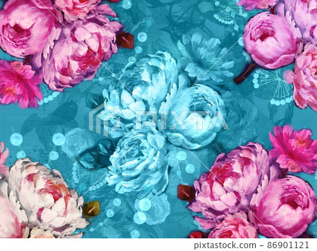 Wallpaper illustration of rose, peony, peony botanical bouquet and mother-of-pearl pattern Wallpaper illustration of rose, peony, peony botanical bouquet and mother-of-pearl pattern 86901121