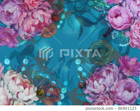 Wallpaper illustration of rose, peony, peony botanical bouquet and mother-of-pearl pattern Wallpaper illustration of rose, peony, peony botanical bouquet and mother-of-pearl pattern 86901125