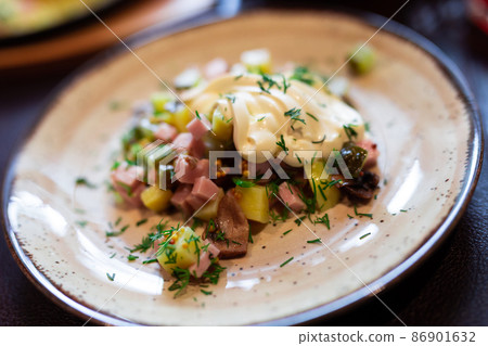 Salad with potatoes, sour cream and mushrooms Salad with potatoes, sour cream and mushrooms 86901632