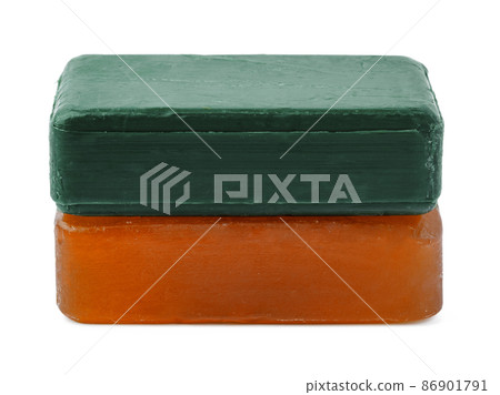 Beige and green soap bars on white background Beige and green soap bars on white background 86901791