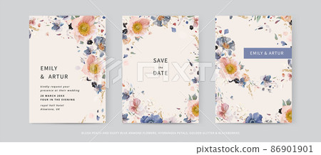 Elegant, modern floral vector watercolor wedding invite, invitation card template design. Hand drawn pink, blue anemone flowers, purple hydrangea petals, green leaves, blackberry with glitter splashes Elegant, modern floral vector watercolor wedding invite, invitation card template design. Hand drawn pink, blue anemone flowers, purple hydrangea petals, green leaves, blackberry with glitter splashes 86901901