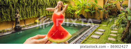 Young woman in a watermelon dress on a pool background. The concept of summer, diet and healthy eating BANNER, LONG FORMAT Young woman in a watermelon dress on a pool background. The concept of summer, diet and healthy eating BANNER, LONG FORMAT 86902427