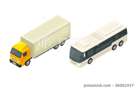 Truck or Lorry and Bus as Motor Vehicle and Urban Transport for Transporting Cargo and Passenger Isometric Vector Illustration Set 86902937