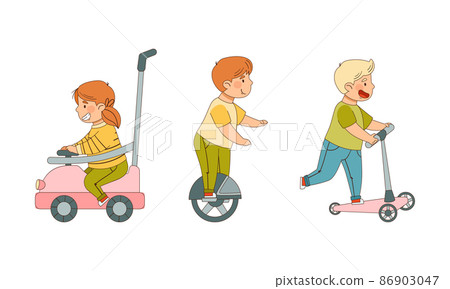 Little Boy and Girl Driving Car and Kick Scooter Enjoying Outdoor Activity Vector Illustration Set Little Boy and Girl Driving Car and Kick Scooter Enjoying Outdoor Activity Vector Illustration Set 86903047