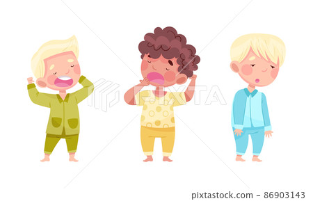 Sleepy Little Boy Wearing Pajamas Standing and Yawning Vector Illustration Set 86903143