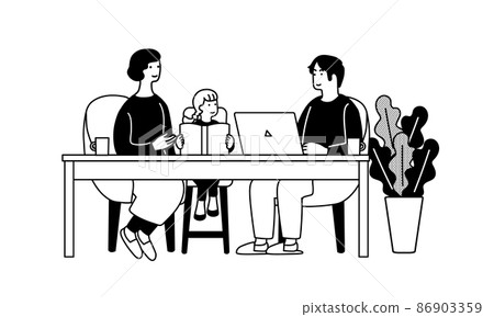 Illustration of a man using a computer and a mother and child reading a book. Scenery of working from home. 86903359