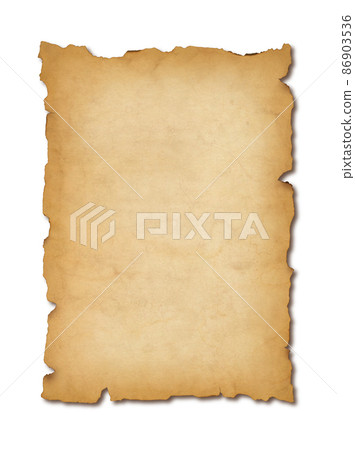 Old mediaeval paper sheet. Parchment scroll isolated on white with shadow Old mediaeval paper sheet. Parchment scroll isolated on white with shadow 86903536