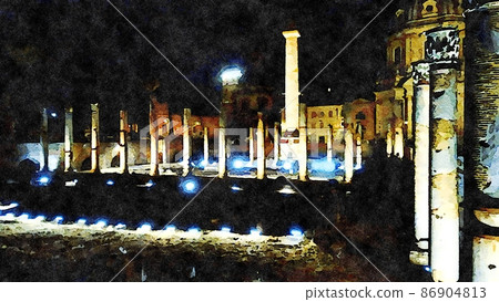 Watercolor painting of a nocturnal glimpse of the ruins of ancient Rome in Italy. 86904813