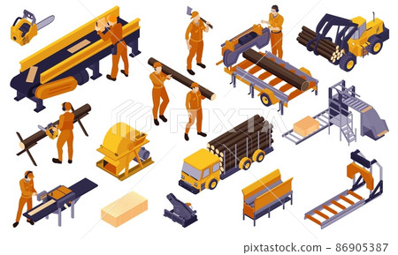 Isolated Isometric Sawmill Lumberjack Icon Set - Stock Illustration ...