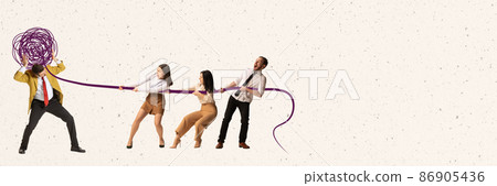 Creative design. Business people, emplopyees pulling rope ad helping desperate employee to solve the problem 86905436
