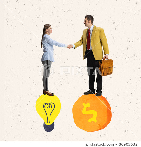 Creative design. Businessman, investor shaking hands with employee symbolizing profitable business deal 86905532