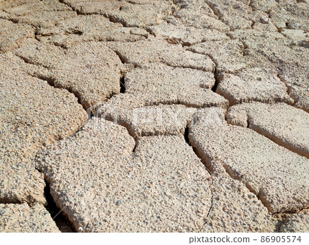 The muddy ground that previously contained water has cracked due to hot weather and drought. All the water content has been evaporated by heat 86905574