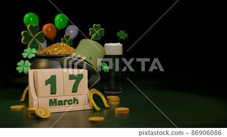 Happy St. Patrick's Day greeting Podium, beer glass and green hat on bright green background. 3d Rendering Happy St. Patrick's Day greeting Podium, beer glass and green hat on bright green background. 3d Rendering 86906086