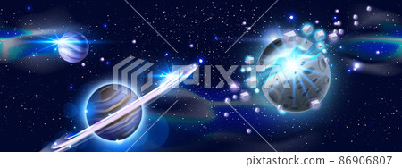Universe space background, vector galaxy cosmic sky illustration, alien planet explosion, asteroid 86906807