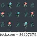 Pattern of pink and blue flowers, palm branches on a dark green background, vector image 86907379