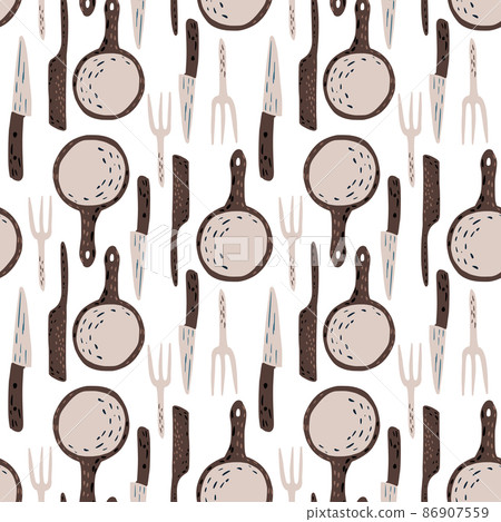 Kitchenware seamless pattern. Doodle fork, frying pan, table knife background. Kitchenware seamless pattern. Doodle fork, frying pan, table knife background. 86907559