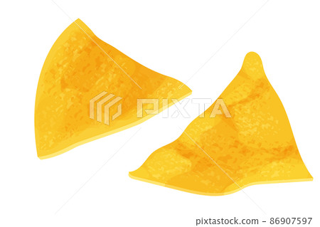 Tortilla chips, traditional Mexico nacho, triangle crisp food in cartoon style isolated on white background. Fast food, detailed meal. 86907597