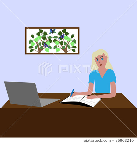 The girl is a student studying at home. 86908210