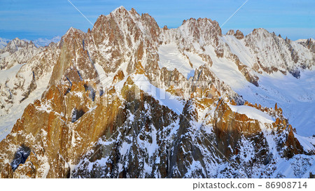 Aerial landscape of mountain Chamonix at sunset, Observation Deck 3842 meters, Mont Blanc, point of view Aerial landscape of mountain Chamonix at sunset, Observation Deck 3842 meters, Mont Blanc, point of view 86908714