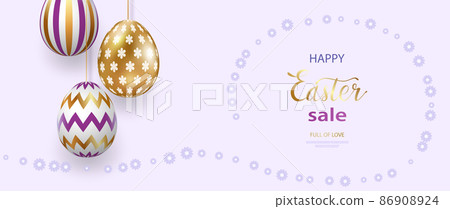 Happy Easter lettering with realistic looking purple golden eggs. Geometric patterns. Greeting card, invitation, poster, banner template. Vector illustration 86908924