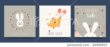 Happy Easter banner. Trendy Easter design with typography, hand drawn strokes and eggs, bunny ears, chick in pastel colors. Modern minimalist style. Vector illustration 86908925