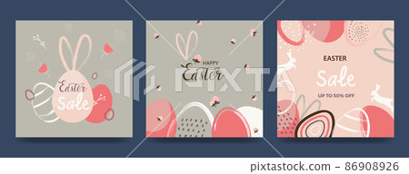 Happy Easter banner. Trendy Easter design with typography, hand drawn strokes and eggs, bunny ears, flowers in pastel colors. Modern minimalist style. Vector illustration 86908926