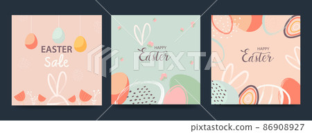 Happy Easter banner. Trendy Easter design with typography, hand drawn strokes and eggs, bunny ears, flowers in pastel colors. Modern minimalist style. Vector 86908927