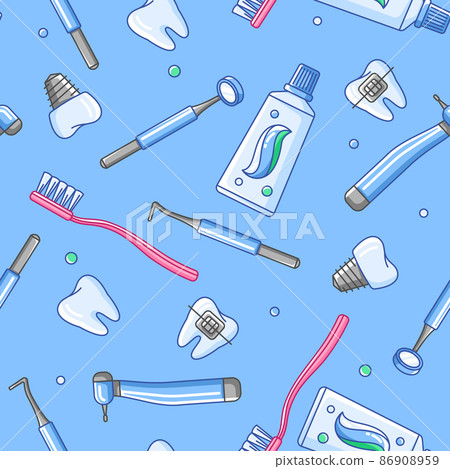 Medical seamless pattern with dental equipment icons. Dentistry and health care background. Medical seamless pattern with dental equipment icons. Dentistry and health care background. 86908959