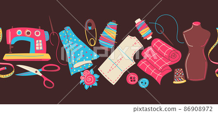 Seamless pattern with needlework sewing items. Handicraft and hand made. Feminine creativity hobby and shopping. 86908972