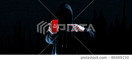 Cyber security hacker smartphone. Internet web hack technology. Digital mobile phone in hacker man hand isolated on black banner. Data protection, secured internet access, cybersecurity. Cyber security hacker smartphone. Internet web hack technology. Digital mobile phone in hacker man hand isolated on black banner. Data protection, secured internet access, cybersecurity. 86909150