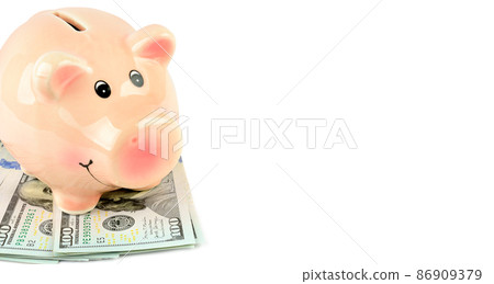 American dollars and piggy bank isolated on white . Free space for text. Wide photo. American dollars and piggy bank isolated on white . Free space for text. Wide photo. 86909379