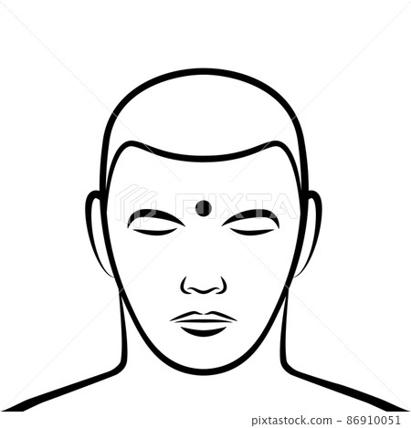 Urna, third eye symbol on a forehead. In Buddhist art and culture, a circular dot or spiral, placed on the forehead, as an auspicious mark, symbolizing the third eye and the Ajna, Agya or Brow chakra. 86910051