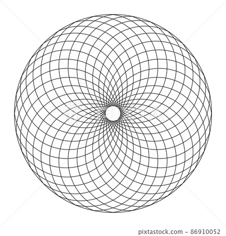 Circular Fibonacci pattern, according to the structure of a pine cone. Circular area formed by spiral like arranged lines, creating a trapezoid pattern, with a small circle in the center. Illustration Circular Fibonacci pattern, according to the structure of a pine cone. Circular area formed by spiral like arranged lines, creating a trapezoid pattern, with a small circle in the center. Illustration 86910052