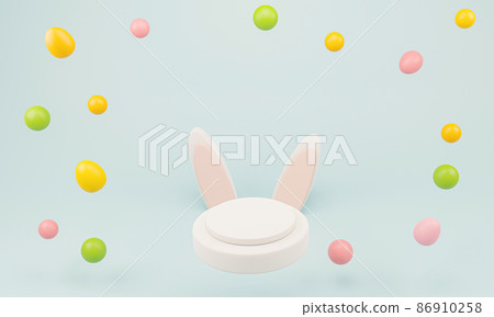 Happy Easter. cute cartoon Easter composition. Bunny ears and painted eggs on a delicate background. 3D illustration 86910258