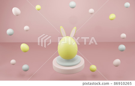 Happy Easter. cute cartoon Easter composition. Bunny ears and painted eggs on a delicate background. 3D illustration 86910265