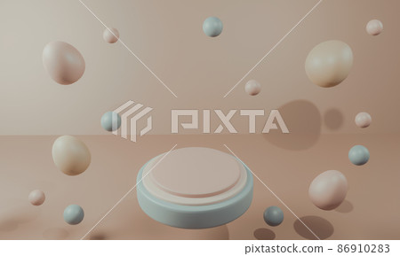 Happy Easter. cute cartoon Easter composition. Bunny ears and painted eggs on a delicate background. 3D illustration 86910283