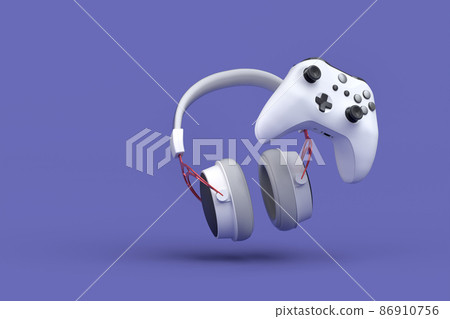 Flying gamer gears like headset, headphones and joystick on purple background. 3d rendering of accessories for live streaming concept top view 86910756
