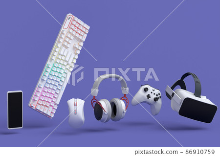 Flying gamer gears like mouse, keyboard, joystick, headset, VR Headset on purple table background. 3d rendering of accessories for live streaming concept top view Flying gamer gears like mouse, keyboard, joystick, headset, VR Headset on purple table background. 3d rendering of accessories for live streaming concept top view 86910759