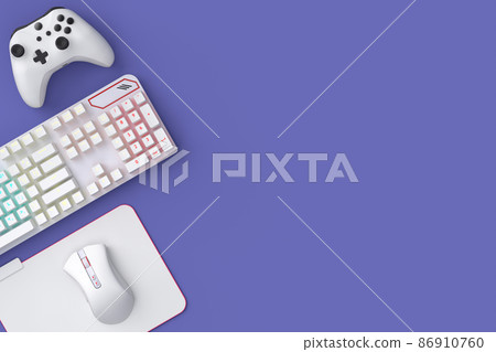 Top view of gamer workspace and gear like mouse, keyboard, joystick, headset on purple table background. 3d rendering of accessories for live streaming concept top view Top view of gamer workspace and gear like mouse, keyboard, joystick, headset on purple table background. 3d rendering of accessories for live streaming concept top view 86910760