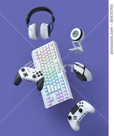 Flying gamer gears like mouse, keyboard, joystick, headset, VR Headset. web camera on purple table background. 3d rendering of accessories for live streaming concept top view 86910768