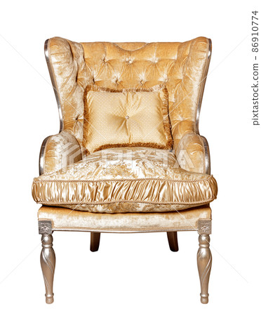 Luxurious upholstered armchair with brocade silver upholstery, isolated on a white background. Luxurious upholstered armchair with brocade silver upholstery, isolated on a white background. 86910774