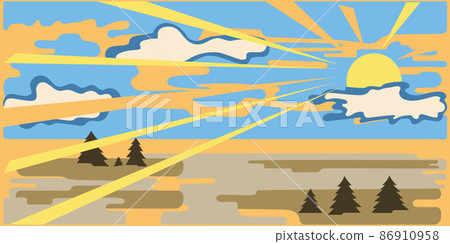 Background with spruce and clouds, Sun, Sky. National Park or Nature Reserve. Vector Illustration In Flat Style Background with spruce and clouds, Sun, Sky. National Park or Nature Reserve. Vector Illustration In Flat Style 86910958