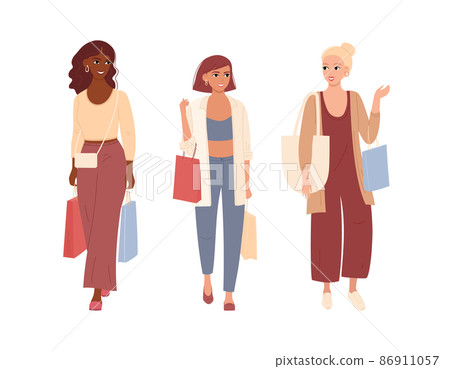 Young women with different skin colors go shopping and have fun talking. Three friends with bags in their hands spend leisure time together. Flat vector 86911057