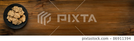 Soy Meat or Soya Chunks on Wood Background 86911394