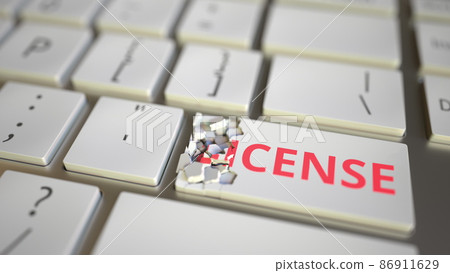 License key being destroyed on the computer keyboard. Conceptual 3D rendering 86911629