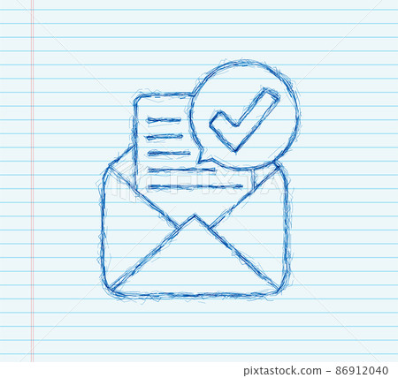 Opened envelope and document with green check mark. sketch icon. Verification email. Vector illustration. Opened envelope and document with green check mark. sketch icon. Verification email. Vector illustration. 86912040