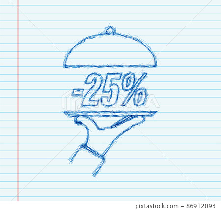 Hand tray - 25 percent discount, great design for any purposes, sketch icon. Vector stock illustration. 86912093