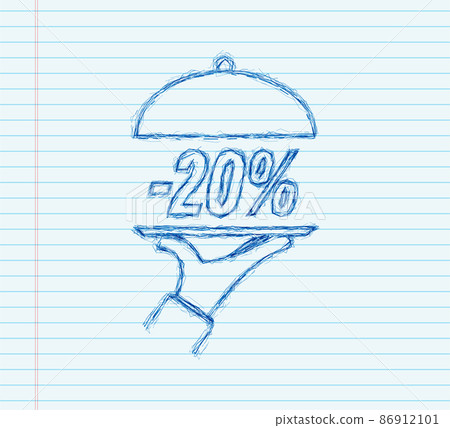 Hand tray - 20 percent discount, great design for any purposes, sketch icon. Vector stock illustration. 86912101
